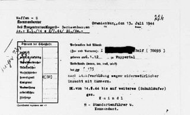 An official order incarcerating the accused in the Sachsenhausen concentration camp for committing homosexual acts